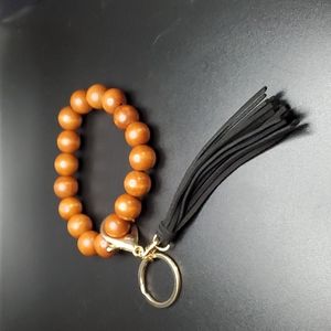 NEW!! Black & Brown Wood-Bead Tassel Key Ring Bracelet